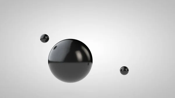 3D-illustratie van zwarte ballen, een grote en twee kleine ballen. bollen in de lucht, geïsoleerd op een witte achtergrond. 3D-rendering van een abstractie. Ruimte met geometrische objecten. — Stockfoto