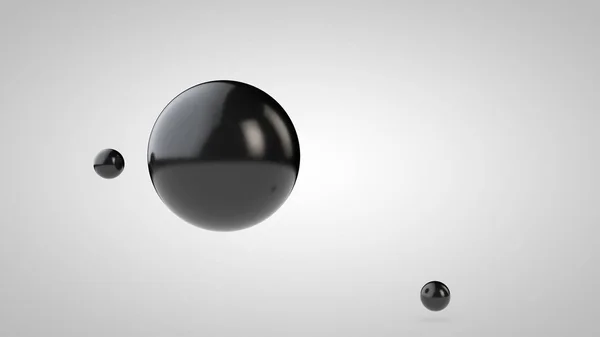 3D-illustratie van zwarte ballen, een grote en twee kleine ballen. bollen in de lucht, geïsoleerd op een witte achtergrond. 3D-rendering van een abstractie. Ruimte met geometrische objecten. — Stockfoto