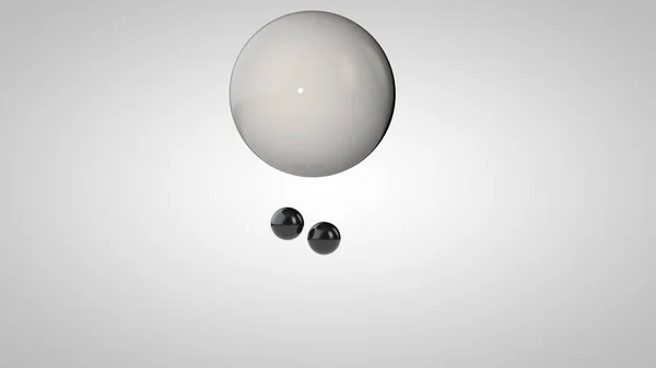 Ilustración 3D de bolas en blanco y negro, una grande y dos pequeñas bolas. Esferas en el aire, aisladas sobre un fondo blanco. Representación 3D de una abstracción. Espacio con objetos geométricos y redondos . — Foto de Stock