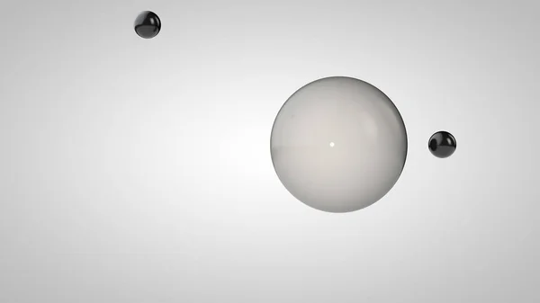 Illustrazione 3D di palline bianche e nere, una grande e due piccole palline. Sfere nell'aria, isolate su fondo bianco. rendering 3D di un'astrazione. Spazio con oggetti geometrici, rotondi . — Foto Stock