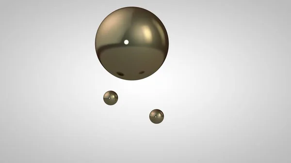 3D-Illustration von Bronze, Gold, glänzenden Kugeln, einer großen und zwei kleinen Kugeln. Kugeln in der Luft, isoliert auf weißem Hintergrund. 3D-Darstellung einer Abstraktion. Raum mit geometrischen, runden Objekten. — Stockfoto