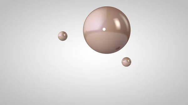 3D Illustration von rosa, glänzenden Kugeln, einer großen und zwei kleinen Kugeln. Kugeln in der Luft, isoliert auf weißem Hintergrund. 3D-Darstellung einer Abstraktion. Raum mit geometrischen, runden Objekten. — Stockfoto