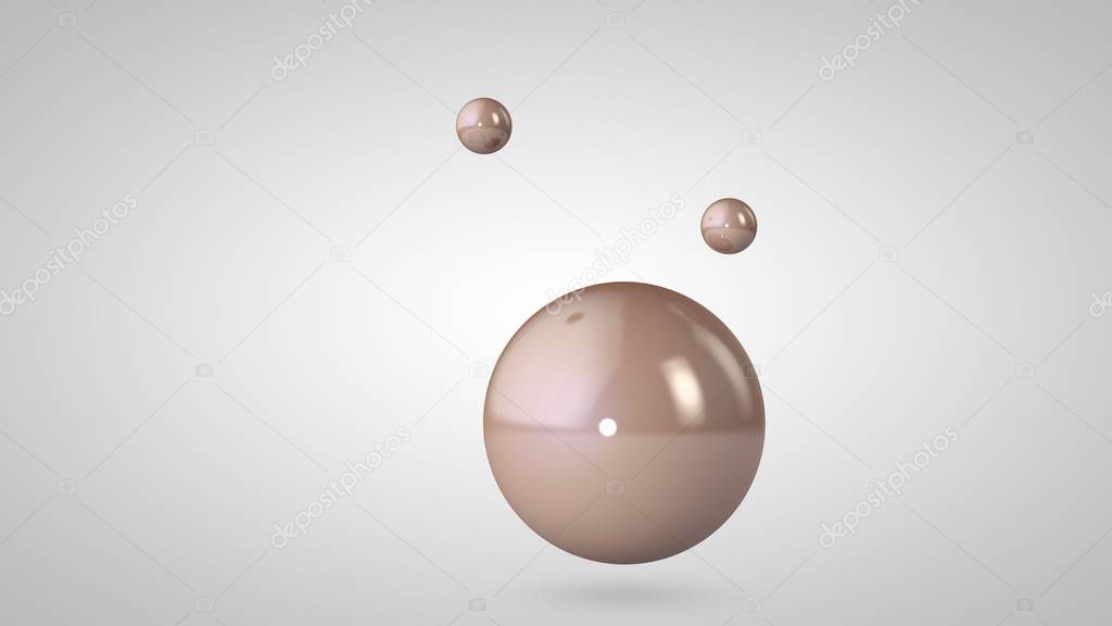 3D illustration of pink, shiny balls, one big and two small balls. Spheres in the air, isolated on a white background. 3D rendering of an abstraction. Space with geometric, round objects.