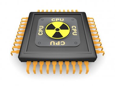Metal kişiler, dört radyasyon işareti, gümüş metin sembol turbo Quad core Cpu ve güç ile siyah Cpu görüntüsü. Beyaz arka plan üzerinde 3d render