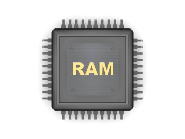 Siyah Cpu, gümüş rehber, metal plaka ve RAM, hız, güç ve güç sembolü Altın metin görüntüsü. Beyaz arka plan üzerinde 3d render