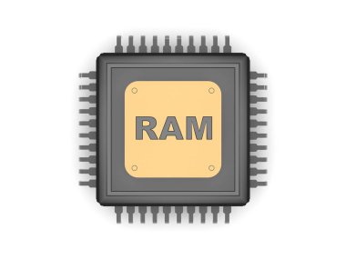 Siyah Cpu, gümüş rehber, altın plaka ve RAM, hız, güç ve güç sembolü gümüş metin görüntüsü. Beyaz arka plan, 3d render yakın çekim