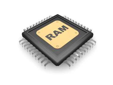 Siyah Cpu, gümüş rehber, altın plaka ve RAM, hız, güç ve güç sembolü gümüş metin görüntüsü. Beyaz arka plan, 3d render yakın çekim