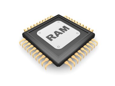 Siyah Cpu, altın görüntü iletişim, gümüş tabak ve titanyum metin RAM, hız, güç ve güç sembolü. Beyaz arka plan, 3d render yakın çekim