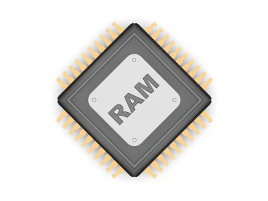 Siyah Cpu, altın görüntü iletişim, gümüş tabak ve titanyum metin RAM, hız, güç ve güç sembolü. Beyaz arka plan, 3d render yakın çekim