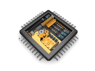 Cpu, dişli, Redüktör mekanizmasının iç yapısını yaylar ve motorlar, fikir güç ve çok yönlülük beyaz bir arka plan resmi. 3D render