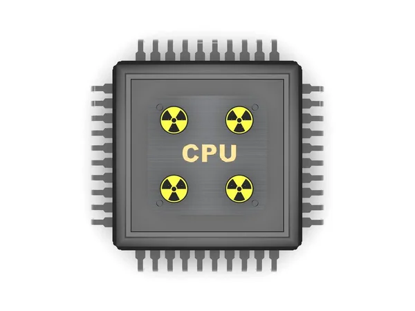 黑色 cpu 的形象, 具有金属触点、辐射符号、符号和权力的内核。在白色背景上, 3d 渲染 — 图库照片