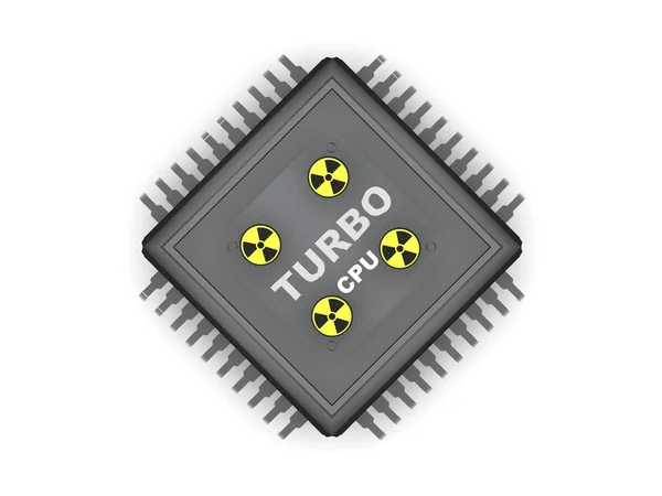 La imagen de CPU negro, con contactos de metal, cuatro signos de radiación, símbolo de texto de plata turbo CPU de cuatro núcleos y potencia. Sobre fondo blanco, representación 3D — Foto de Stock