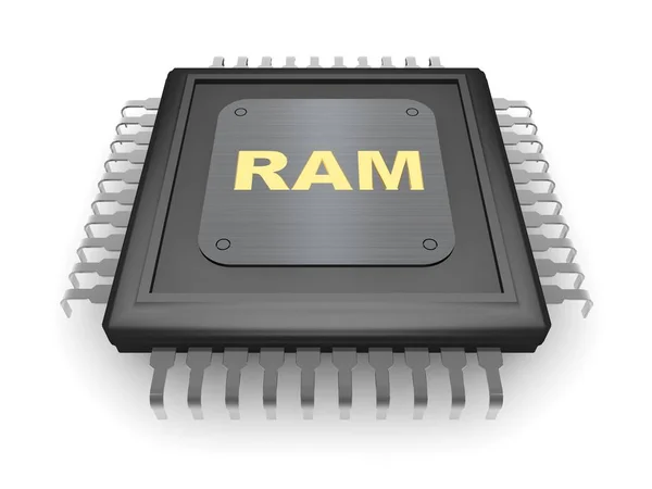 Изображение черного процессора, серебряных контактов, металлической пластины и золотого текста ОЗУ, символ скорости, прочности и мощности. На белом фоне, 3D рендеринг — стоковое фото