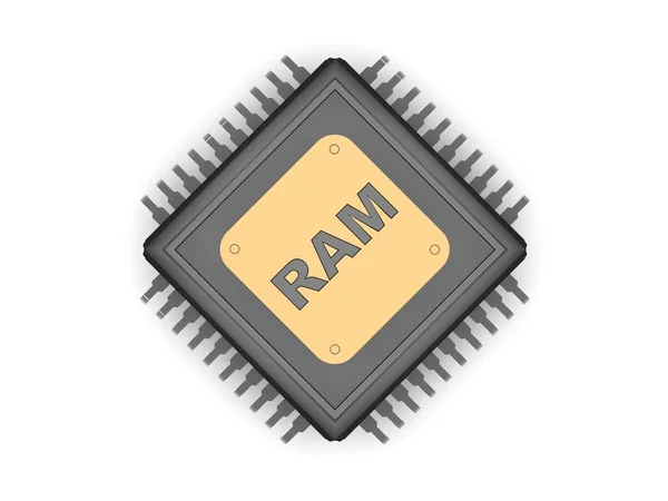 Изображение черного процессора, серебряных контактов, золотой пластины и серебряного текста ОЗУ, символ скорости, силы и мощности. Крупный план на белом фоне, 3D рендеринг — стоковое фото