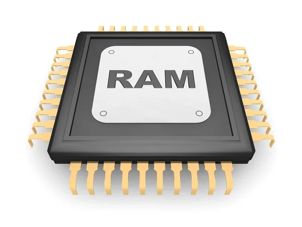 La imagen de CPU negro, contacto de oro, placa de plata y texto de titanio de RAM, un símbolo de velocidad, fuerza y potencia. Primer plano sobre fondo blanco, representación 3D — Foto de Stock
