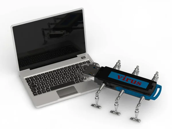 Imagen del ordenador portátil y virus de la computadora, cucaracha del palo, símbolo, amenazas, fondo blanco. Renderizado 3D —  Fotos de Stock