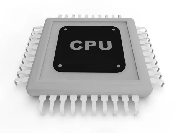 Kleurloze grijze beeldprocessor en de cpu-tekst op een zwarte plaat op een witte achtergrond. 3D-rendering — Stockfoto
