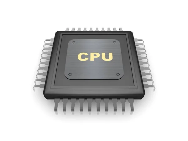 Svart, glänsande processor med en metall skrapat plattan och guld text Cpu, på en vit bakgrund. 3D-rendering — Stockfoto