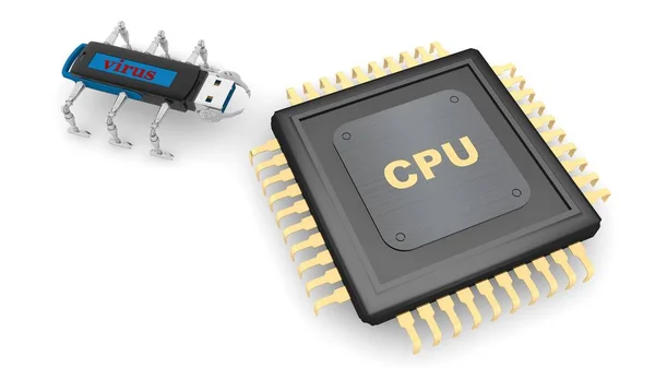 CPU nera con piastra metallica e CPU testo oro, e i contatti in oro, e il virus dalla chiavetta usb, il simbolo dell'attacco su uno sfondo bianco. Rendering 3D — Foto Stock