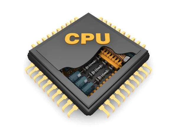 La estructura interna de la CPU, el mecanismo reductor de engranajes, muelles y motores, la idea de la potencia y versatilidad de la imagen sobre un fondo blanco. Renderizado 3D — Foto de Stock