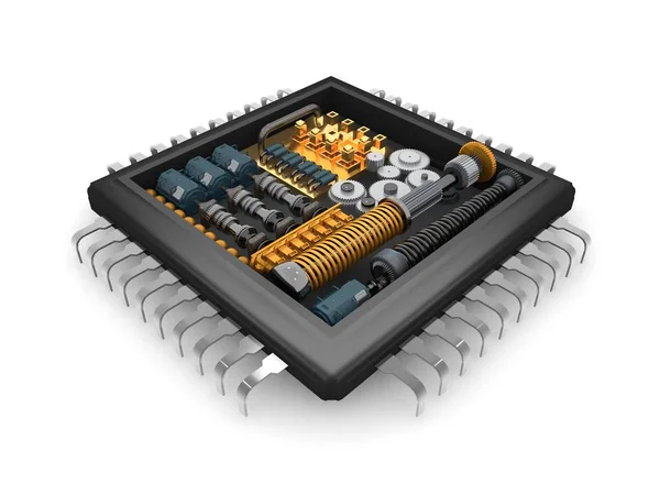 La struttura interna della CPU, il meccanismo riduttore di ingranaggi, molle e motori, l'idea della potenza e versatilità dell'Immagine su sfondo bianco. Rendering 3D — Foto Stock