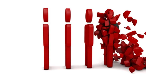 Ilustração 3D de um número de homens vermelhos e uma formação de voo e quebra de bola de canhão preta. A ideia de agressão, ataque, guerra. 3D renderização, fundo branco, isolado . — Fotografia de Stock