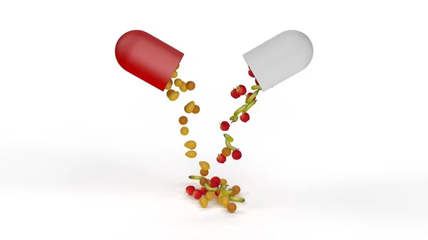 Ilustración 3D de la cápsula de la medicina, abrió y derramó una variedad de frutas, limones, plátanos, manzanas. Representación 3D de tabletas con vitaminas. La idea de un estilo de vida saludable, comida de calidad . —  Fotos de Stock