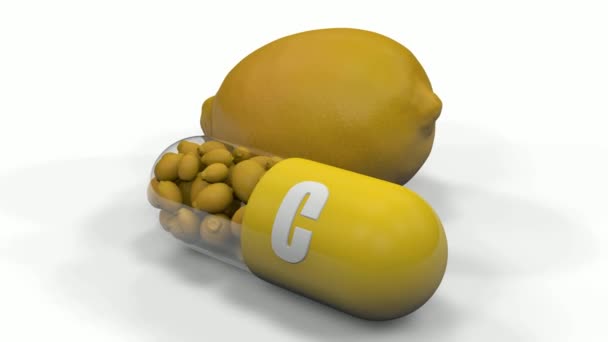 Анімація Вітамінної Капсули Лимонами Всередині Великим Лимоном Білій Поверхні — стокове відео