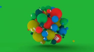 Yeşil bir arka plan üzerinde birçok renkli vitamin topları patlama 3d animasyon.