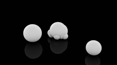 Siyah yansıtıcı bir yüzey üzerinde birçok dağınık beyaz topları 3d render. Soyut geometrik şekillerin fütüristik görüntüsü.