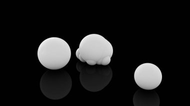 Siyah yansıtıcı bir yüzey üzerinde birçok dağınık beyaz topları 3d render. Soyut geometrik şekillerin fütüristik görüntüsü.