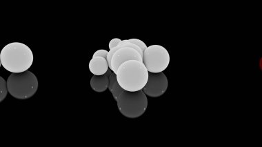 Siyah yansıtıcı bir yüzey üzerinde birçok dağınık beyaz topları 3d render. Soyut geometrik şekillerin fütüristik görüntüsü.