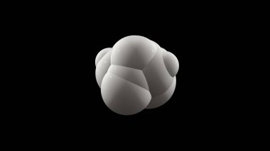3D rendering of a white ball on a black background from which many white spheres are squeezed out. The idea of fission, chemical reaction, atomic decay. A beautiful illustration of the perfect spheres clipart