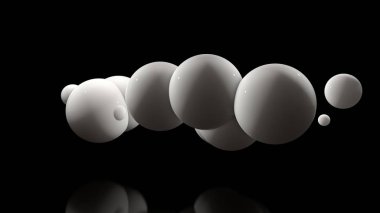 Siyah bir arka plan üzerinde birçok beyaz topları 3d illüstrasyon. Topları rasgele uzayda bulunan ve parlaklık. Fütüristik, soyut fikir, arka plan, mükemmel yüzeyile nesnelerin 3d render.