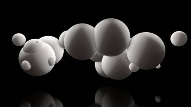 Siyah bir arka plan üzerinde birçok beyaz topları 3d illüstrasyon. Topları rasgele uzayda bulunan ve parlaklık. Fütüristik, soyut fikir, arka plan, mükemmel yüzeyile nesnelerin 3d render.