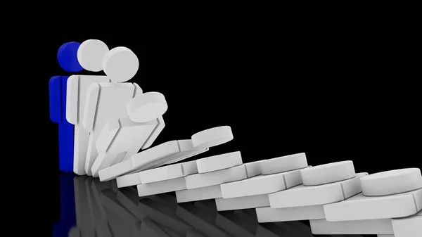 3D-Bild einer Reihe menschlicher Figuren, die nacheinander fallen, Dominoeffekt. die Vorstellung von Sucht, Krise und Gesundheit. 3D-Darstellung auf schwarzem Hintergrund. — Stockfoto