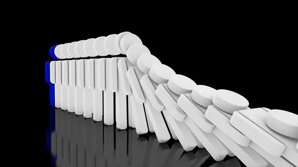 Immagine 3D di una serie di figure umane che cadono una ad una, effetto Domino. L'idea di dipendenza, crisi e salute. Rendering 3D su sfondo nero . — Foto Stock