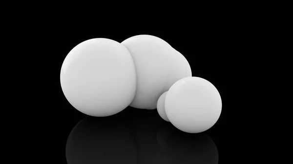 Rendu 3D de nombreuses boules blanches dispersées sur une surface noire réfléchissante. Image futuriste de formes géométriques abstraites . — Photo