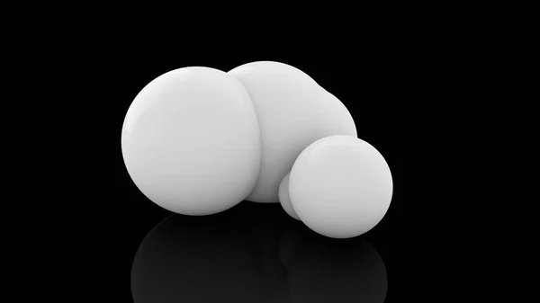 黒い反射面に散らばった多くの白いボールの 3D レンダリング。抽象的な幾何学的形状の未来的なイメージ. — ストック写真