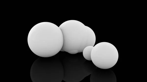 3D rendering of many scattered white balls on a black reflective surface. Futuristic image of abstract geometric shapes. — Stock Photo, Image