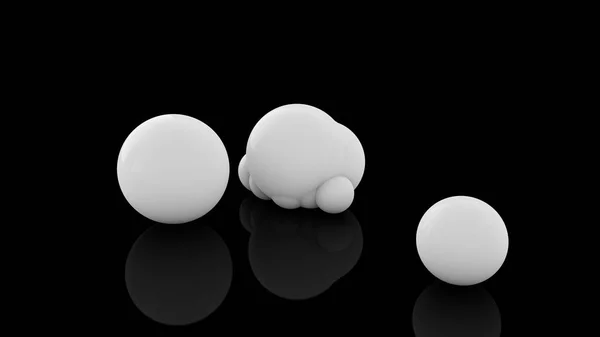 3D-Rendering vieler verstreuter weißer Kugeln auf schwarzer reflektierender Oberfläche. futuristisches Bild abstrakter geometrischer Formen. — Stockfoto