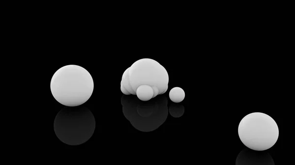 Rendu 3D de nombreuses boules blanches dispersées sur une surface noire réfléchissante. Image futuriste de formes géométriques abstraites . — Photo