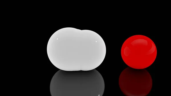 在黑色反射面和一个红色 Veta 球体上呈现大量分散的白色球的 3d 渲染。抽象几何形状的未来图像. — 图库照片