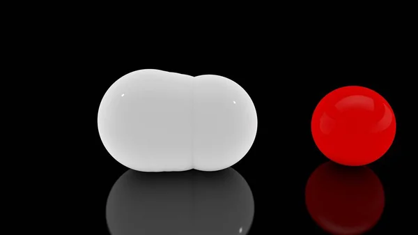 3D рендеринг множества разбросанных белых шаров на черной отражающей поверхности и одной красной ветеринарной сфере. Футуристическое изображение абстрактных геометрических фигур . — стоковое фото