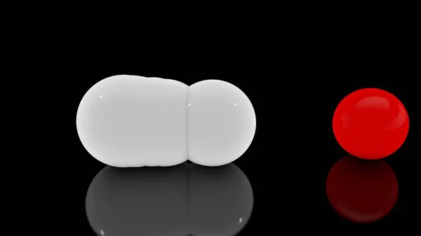 3D рендеринг множества разбросанных белых шаров на черной отражающей поверхности и одной красной ветеринарной сфере. Футуристическое изображение абстрактных геометрических фигур . — стоковое фото