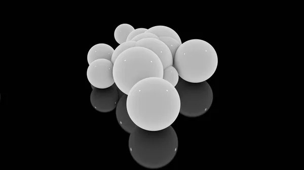 3D-rendering av många spridda vita bollar på en svart reflekterande yta. Futuristisk bild av abstrakta geometriska former. — Stockfoto