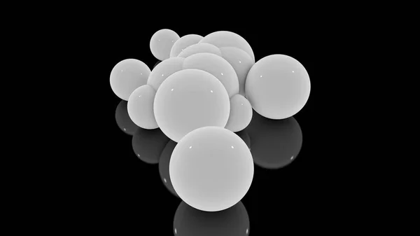 Rendu 3D de nombreuses boules blanches dispersées sur une surface noire réfléchissante. Image futuriste de formes géométriques abstraites . — Photo