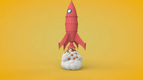 3D illustration of the rocket model in the style of low poly. Toy. Space rocket on the launch pad flies up from the spaceport. Stylized image of smoke in the form of balls of polyhedra. 3D rendering.