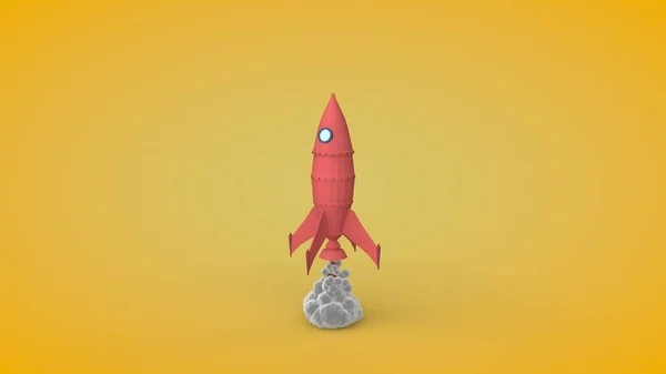 3d 火箭模型在低多边形样式的插图。玩具。发射台上的太空火箭从太空港飞上来。以多面体球的形式对烟雾的样式化图像。3d 渲染. — 图库照片