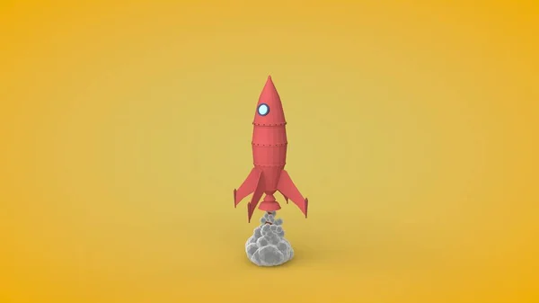 3D illustration of the rocket model in the style of low poly. Toy. Space rocket on the launch pad flies up from the spaceport. Stylized image of smoke in the form of balls of polyhedra. 3D rendering.